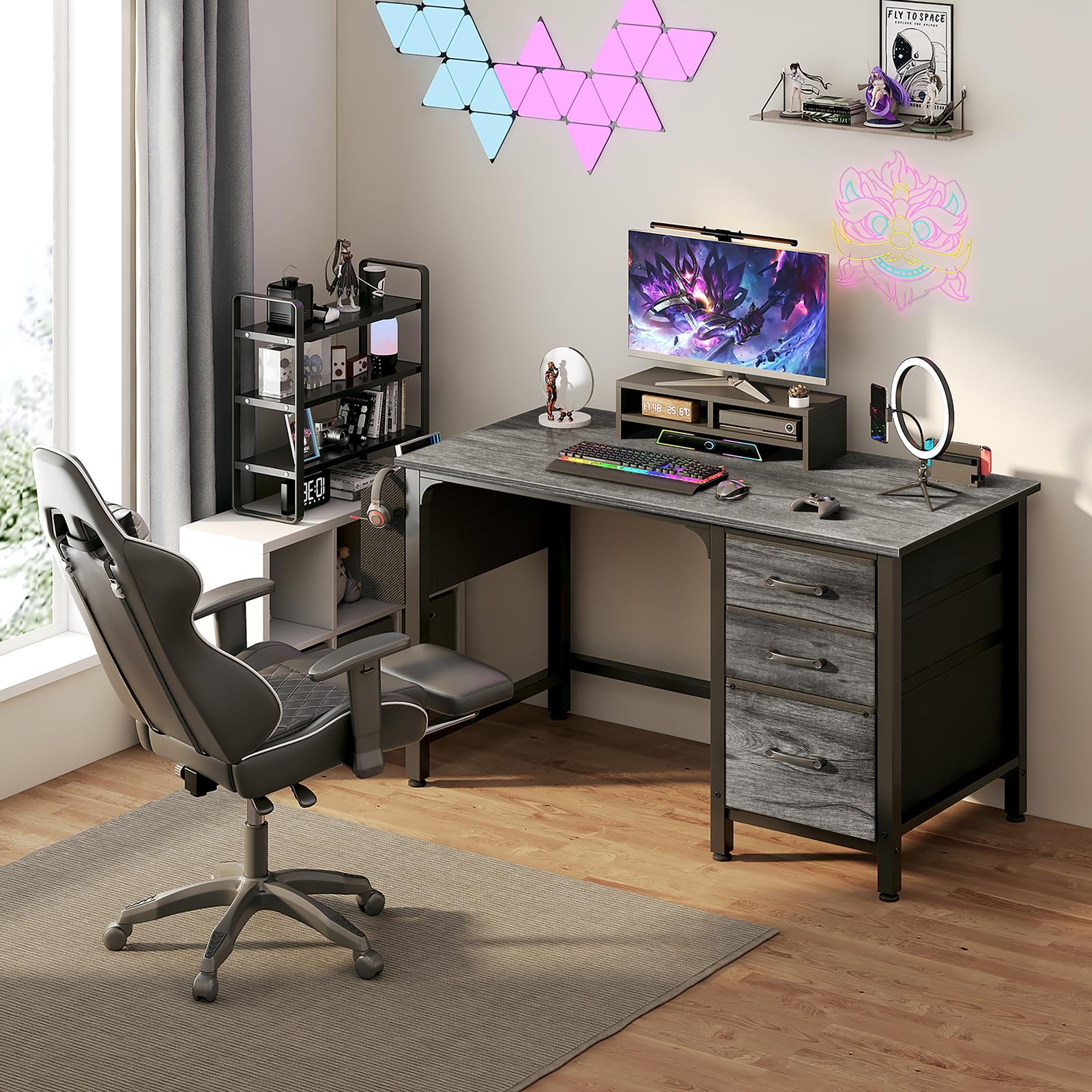 Computer Desk with File Drawers Cabinet, 47 Inch Home Office Desks with Filing Cabinet for Small Space, Gaming Study Writing Table PC Desks, Gray