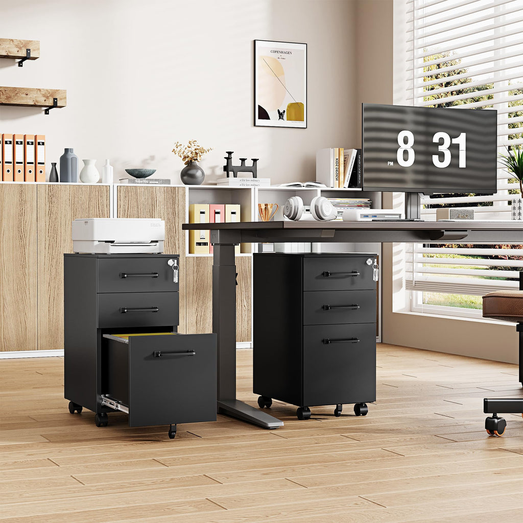 3 Drawer Slim File Cabinet, Mobile Filing Cabinet with Lock,Black Rolling Narrow File Cabinets with Casters, Under Desk Office Cabinets for Home Office,Fit A4/Letter/Legal(Unassembled)