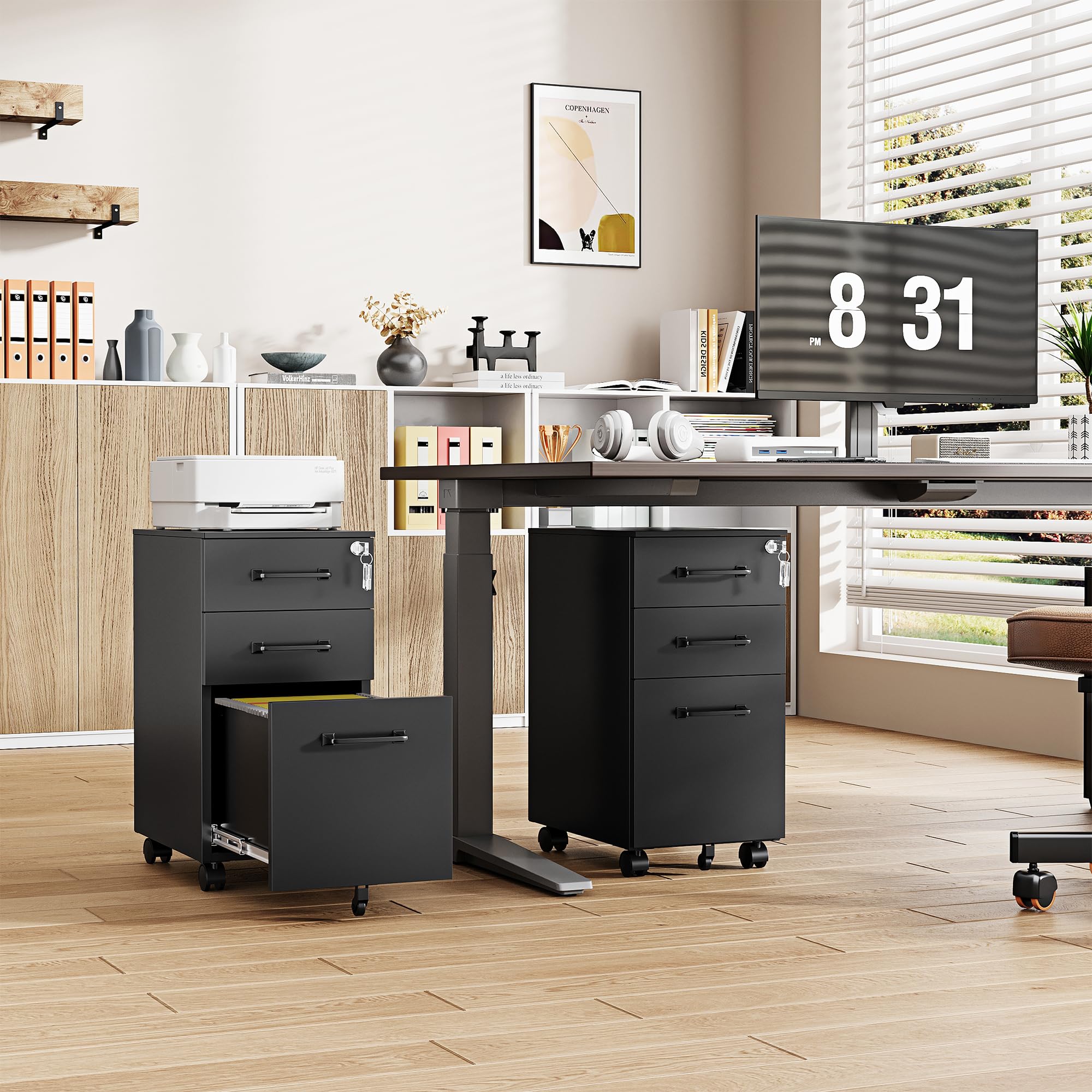 3 Drawer Slim File Cabinet, Mobile Filing Cabinet with Lock,Black Rolling Narrow File Cabinets with Casters, Under Desk Office Cabinets for Home Office,Fit A4/Letter/Legal(Unassembled)