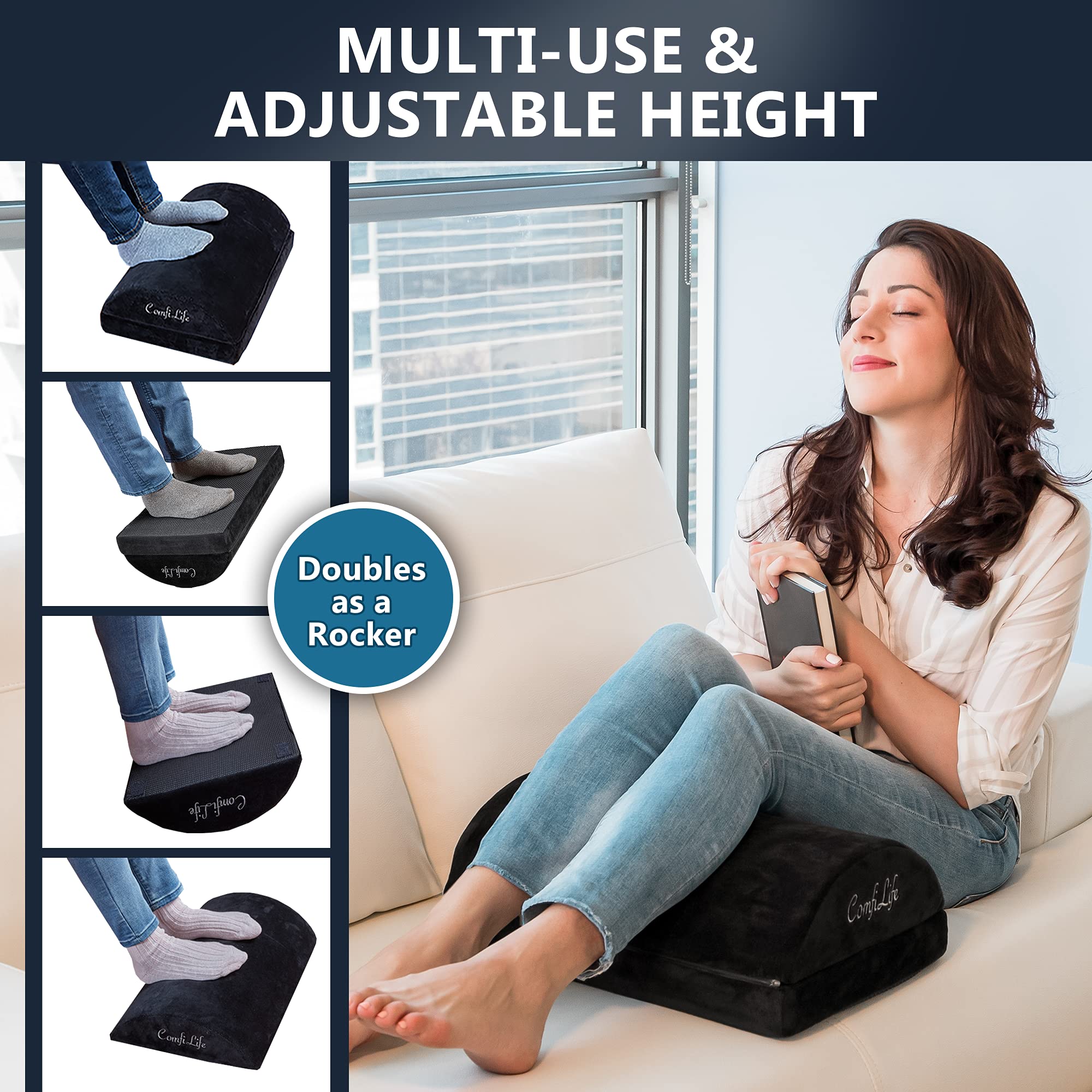 Foot Rest for Under Desk at Work – Adjustable Height Memory Foam Foot Stool for Under Desk, Office Chair & Gaming Chair – Ergonomic Footrest for Back & Hip Pain Relief (Black)