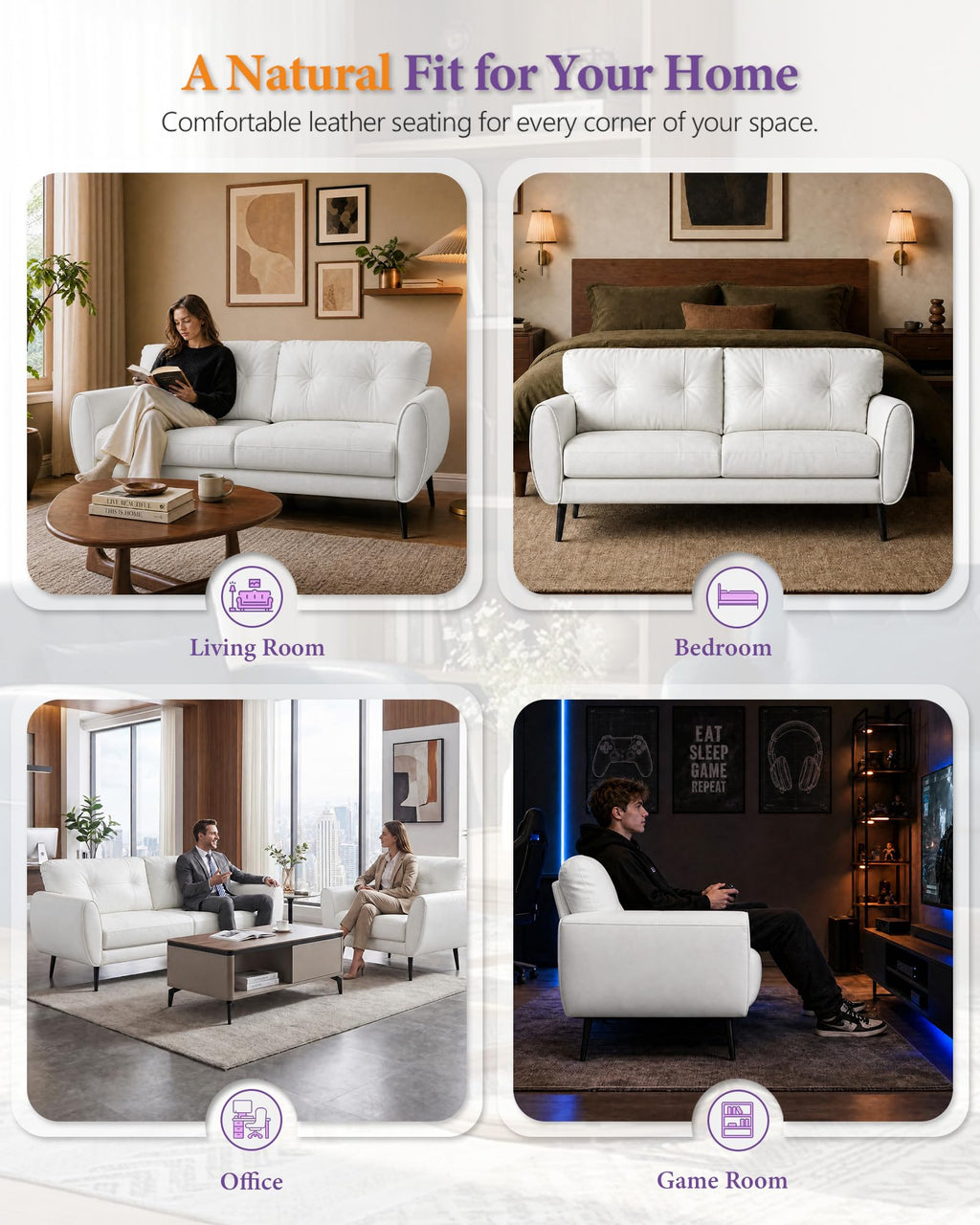 61" Loveseat Couches for Living Room, White Faux Leather Couch Mid Century Modern Tufted Mini Sofa Comfy Office 2 Seat Settee Love Seat Small Couches for Small Spaces Bedroom, White
