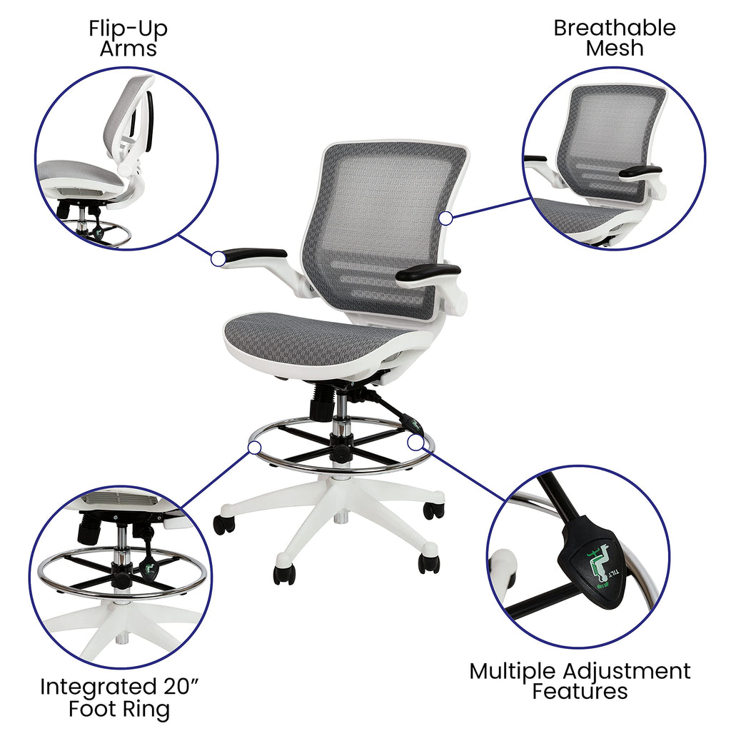 Mid-Back Swivel Office Chair with Adjustable Foot Ring and Seat Height, Ergonomic Mesh Chair with Armrests, Gray/White