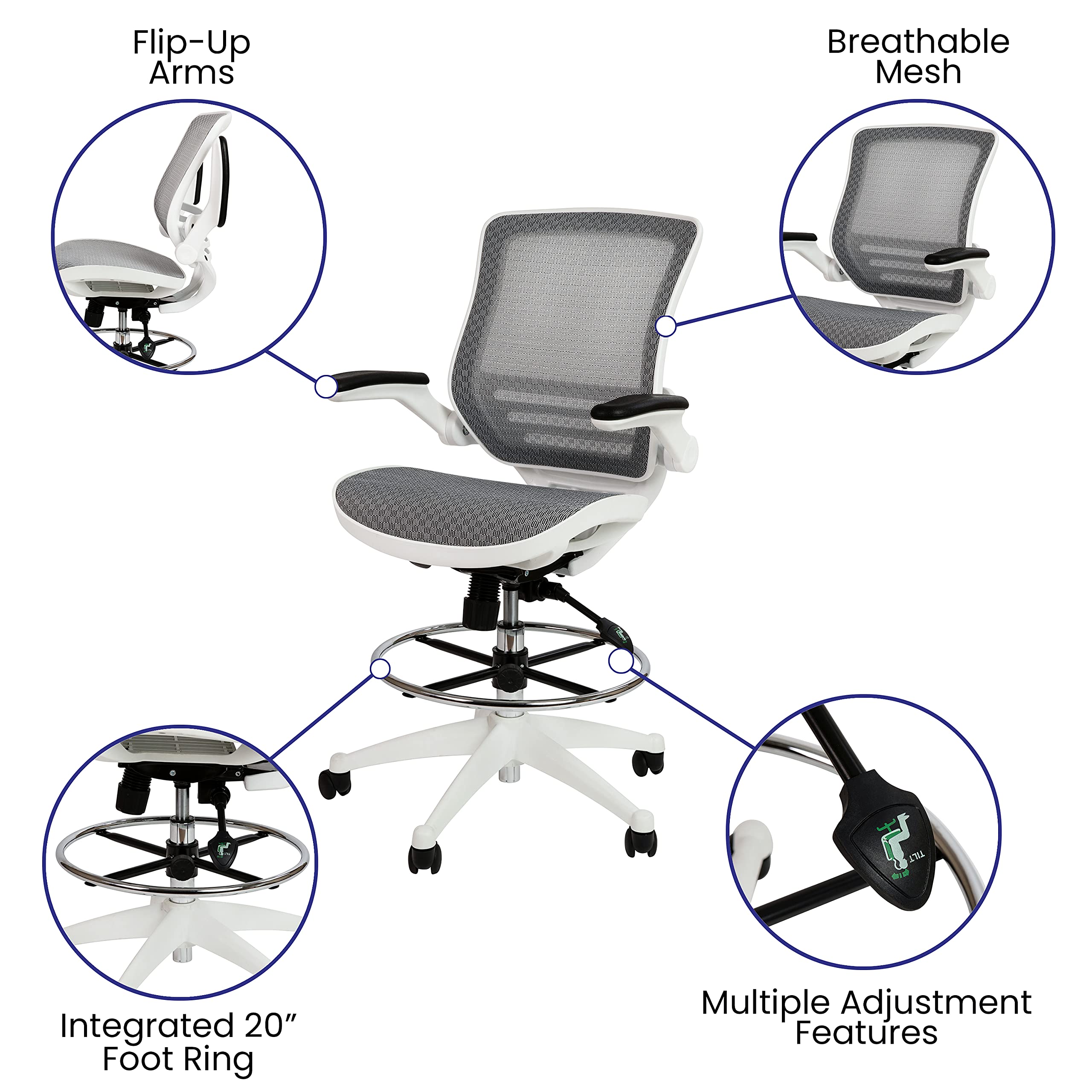 Mid-Back Swivel Office Chair with Adjustable Foot Ring and Seat Height, Ergonomic Mesh Chair with Armrests, Gray/White