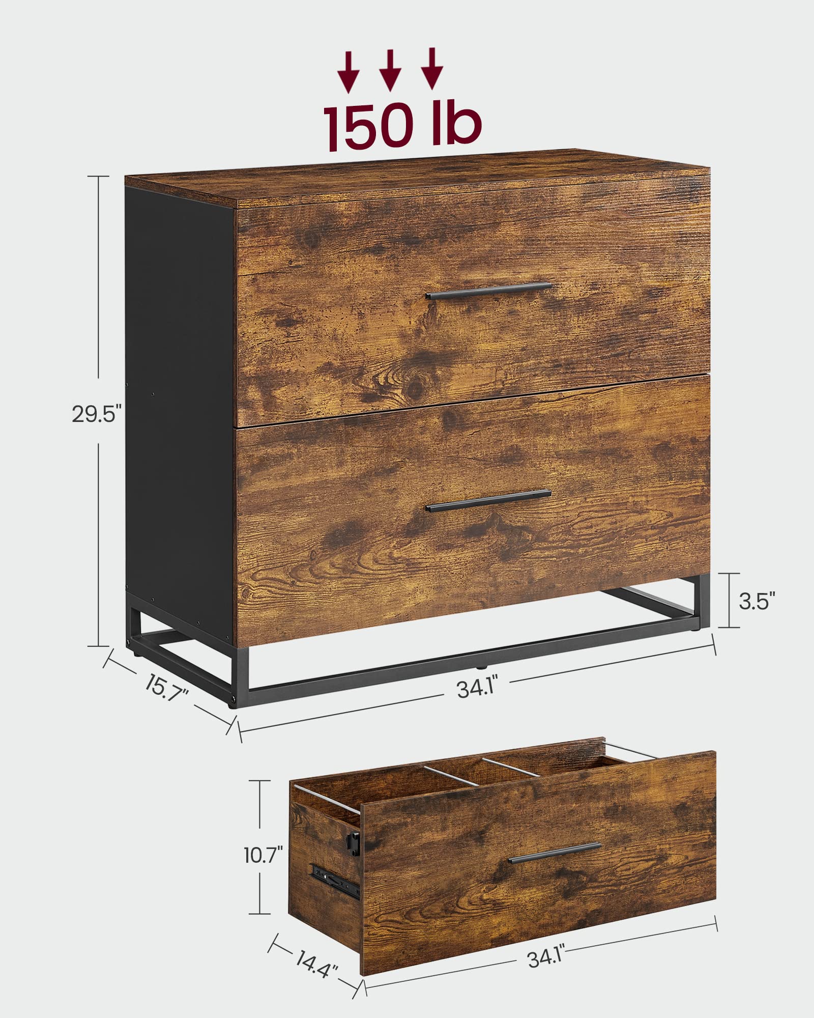 File Cabinet, Home Office Printer Stand, 2-Drawer Filing Cabinet, with Anti-tip Interlocking Mechanism, for A4, Letter-Size, Legal-Size Hanging Files, Rustic Brown and Ink Black