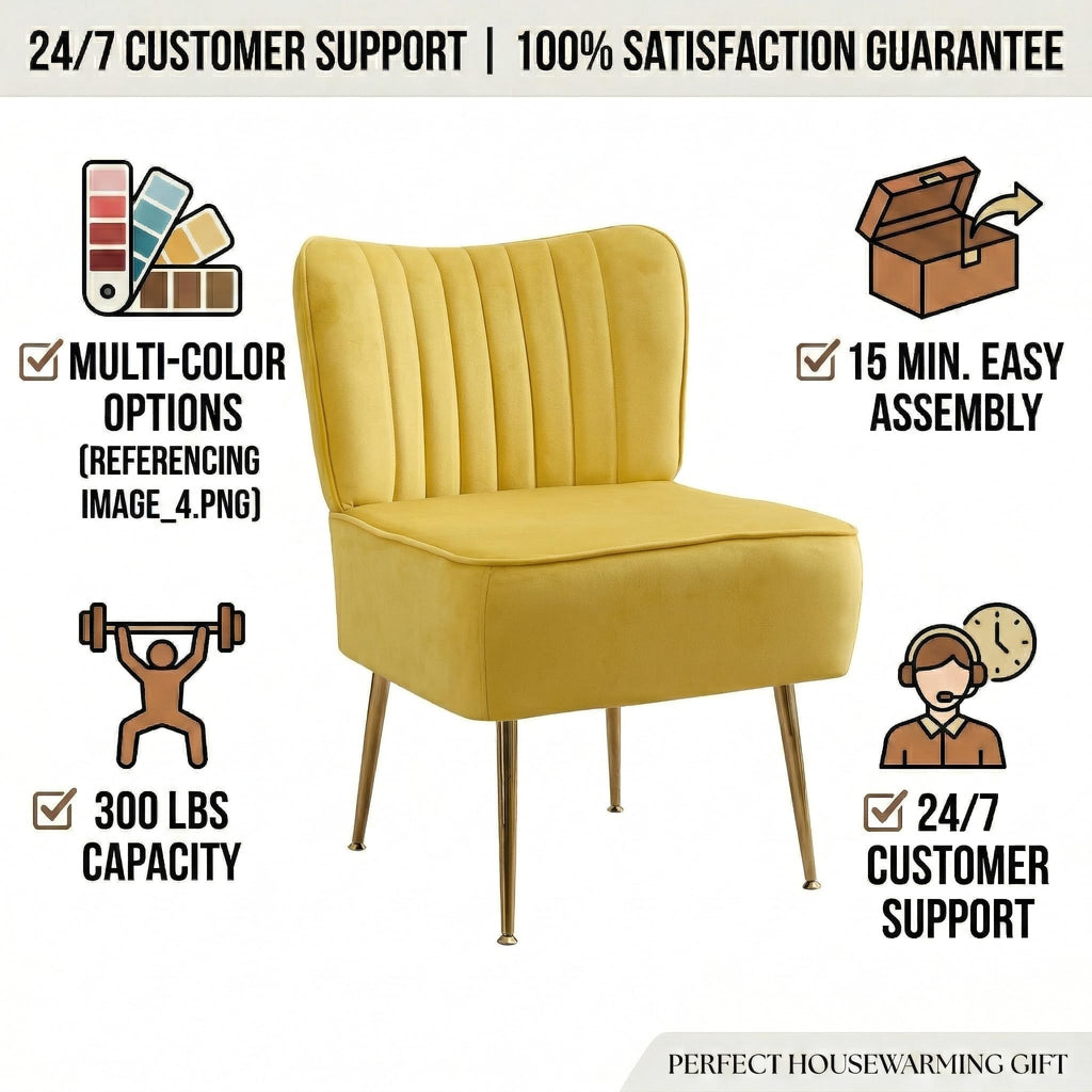 Modern Velvet Accent Chairs Set of 6, Comfy Slipper Chair with Heavy Duty Iron Frame & Gold Legs, Mid Century Side Sofa Chair for Living Room Bedroom Vanity(Yellow)