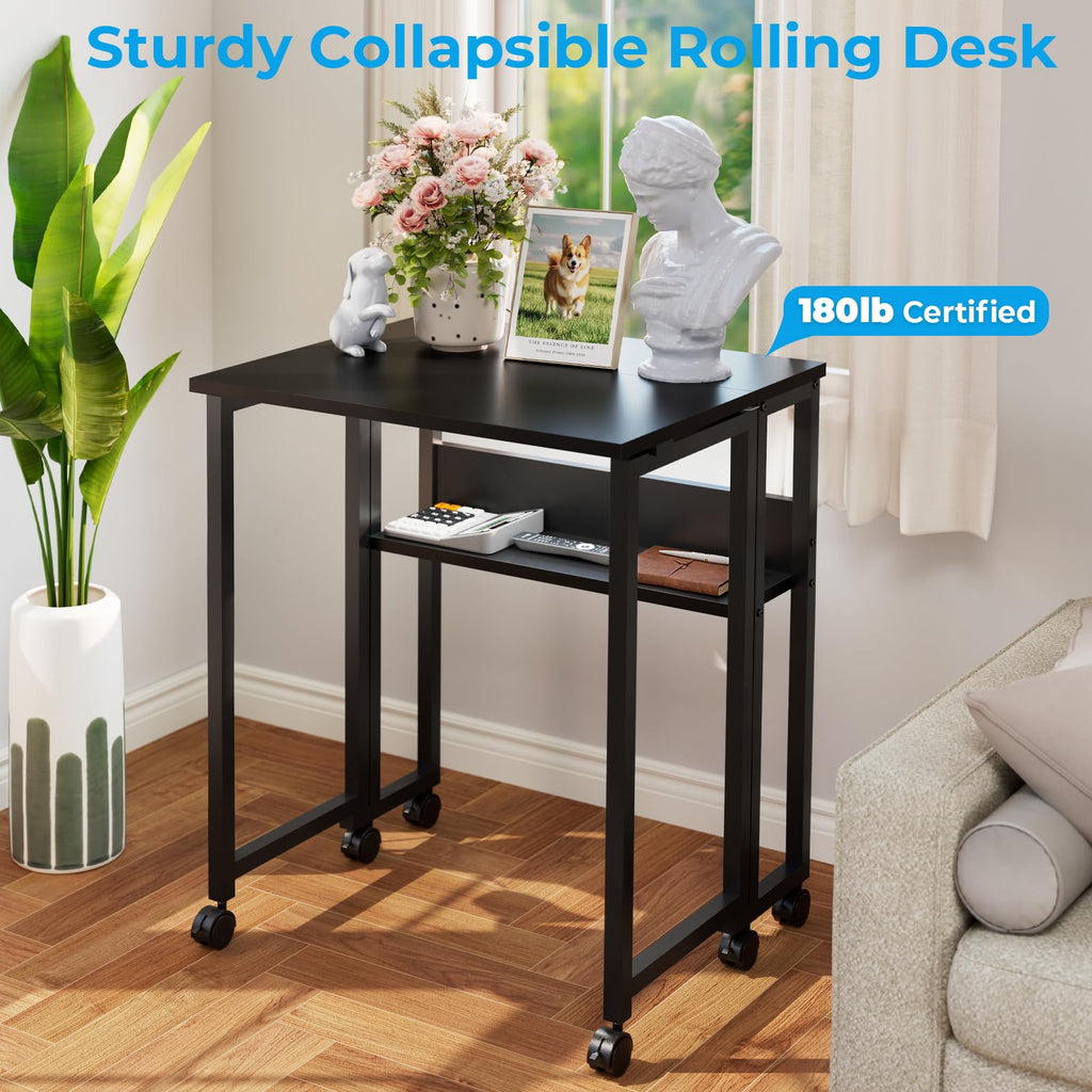 Folding Desk with Wheels, 24.8 Inch Compact Rolling Computer Table with Storage Shelf, Portable Mobile Workstation for Small Spaces, Easy Assembly, Black