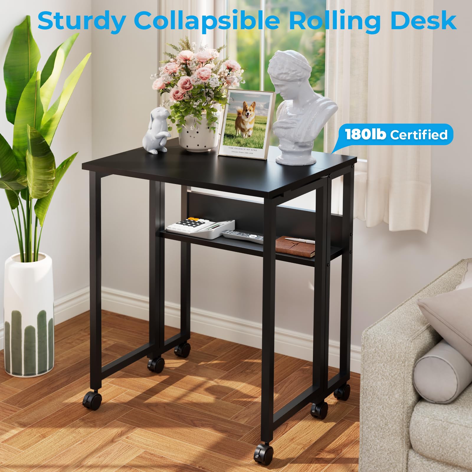 Folding Desk with Wheels, 24.8 Inch Compact Rolling Computer Table with Storage Shelf, Portable Mobile Workstation for Small Spaces, Easy Assembly, Black