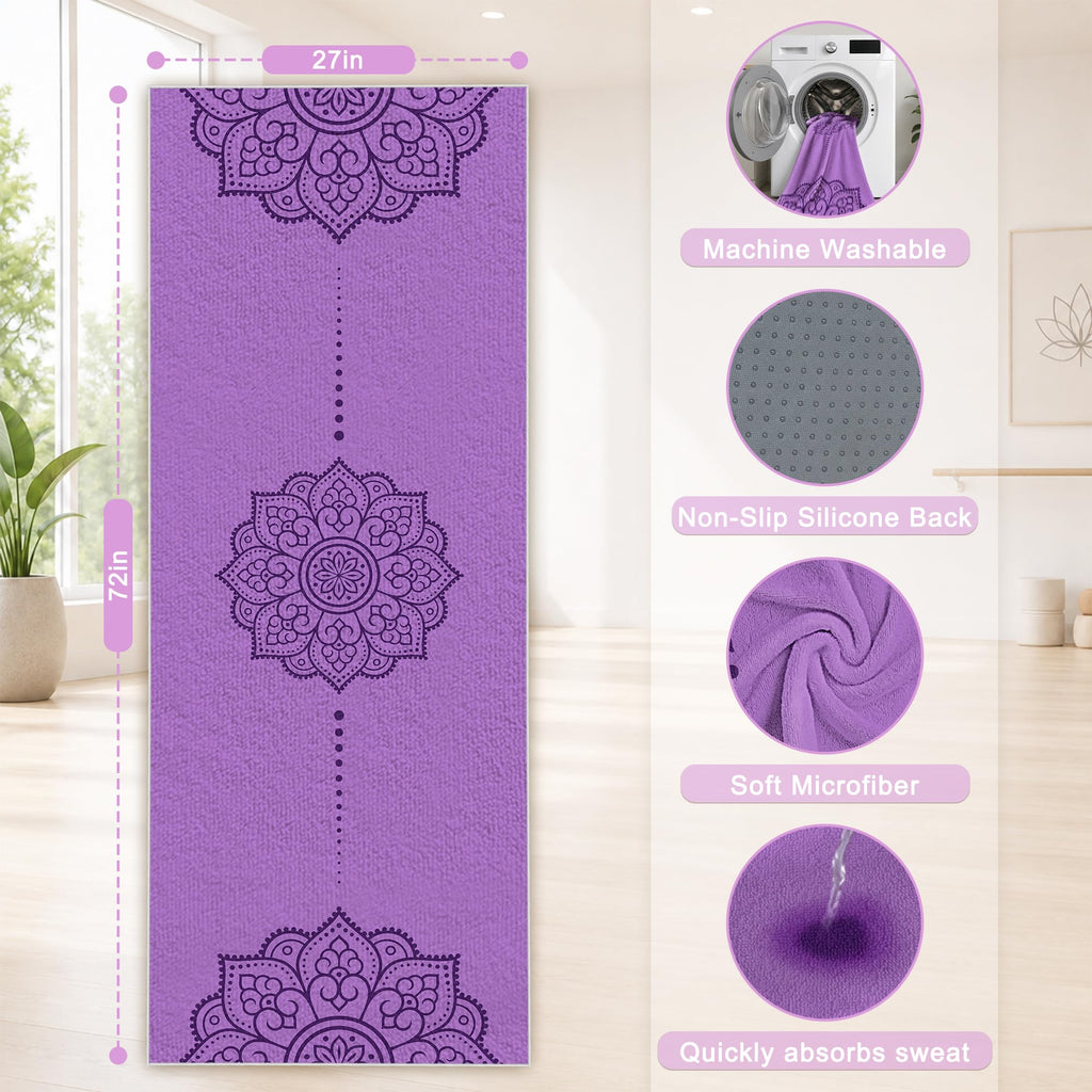 Yoga Towel, Absorbent Yoga Mat Towel for Hot Yoga Non Slip, Stylish Prints, Ideal for Workouts, Hot Yoga, Bikram, Pilates Equipment,72 x 27 in,Purple Mandala