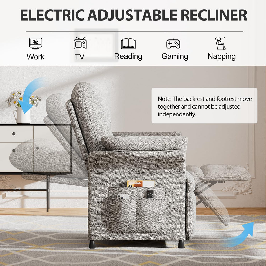 Power Recliner Chair for Adults with Heat & Massage - Linen Electric Reclining Sofa with Remote Control, 3 Side Pockets, 180° Lay Sleeper for Living Room Home Theater, Light Grey