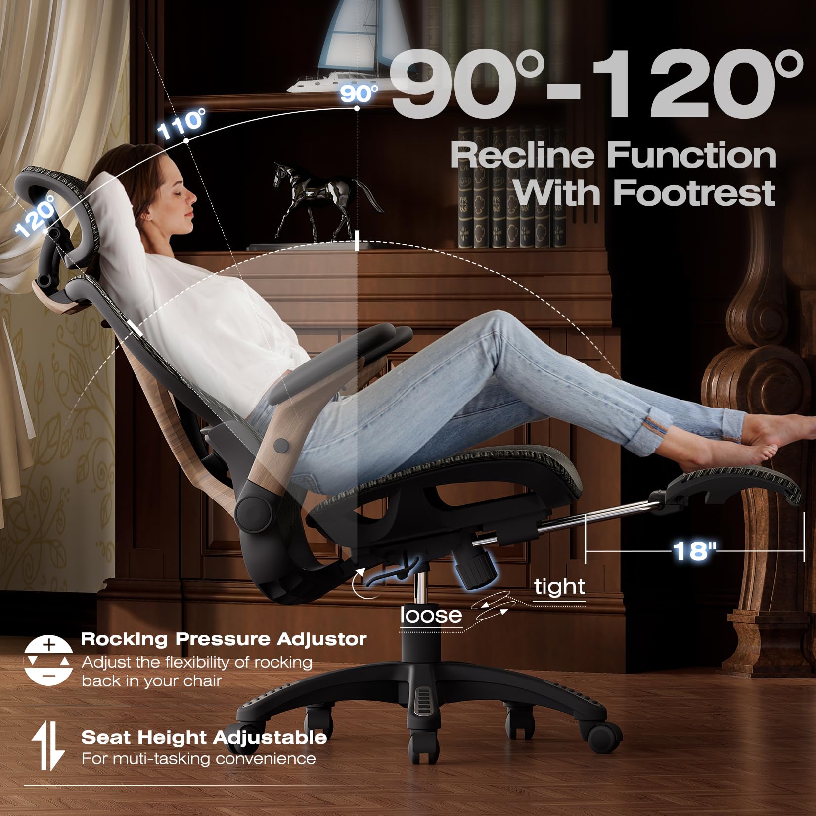 X100 Ergonomic Office Chair with Footrest, Big and Tall Home Desk Chair with 5D Flip-Up Arms, Adjustable 3D Lumbar Support,High Back Rolling Computer Chair, Swivel Mesh Chairs (Coffee Break)