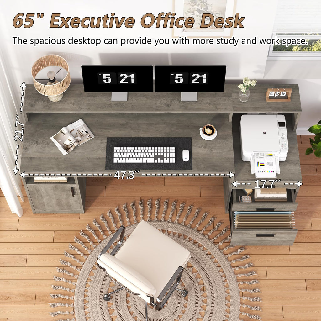 Computer Desk with 3 Drawers & Storage Shelves, 65 Inch Home Office Desk with File Drawer & Cabinet, Writing Study Desks with Monitor Stand & Printer Shelf, Executive Desk, Grey