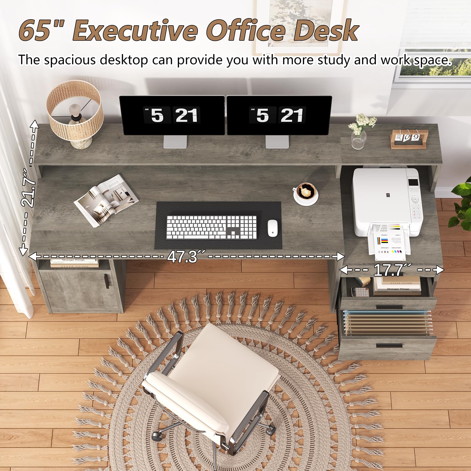 Computer Desk with 3 Drawers & Storage Shelves, 65 Inch Home Office Desk with File Drawer & Cabinet, Writing Study Desks with Monitor Stand & Printer Shelf, Executive Desk, Grey