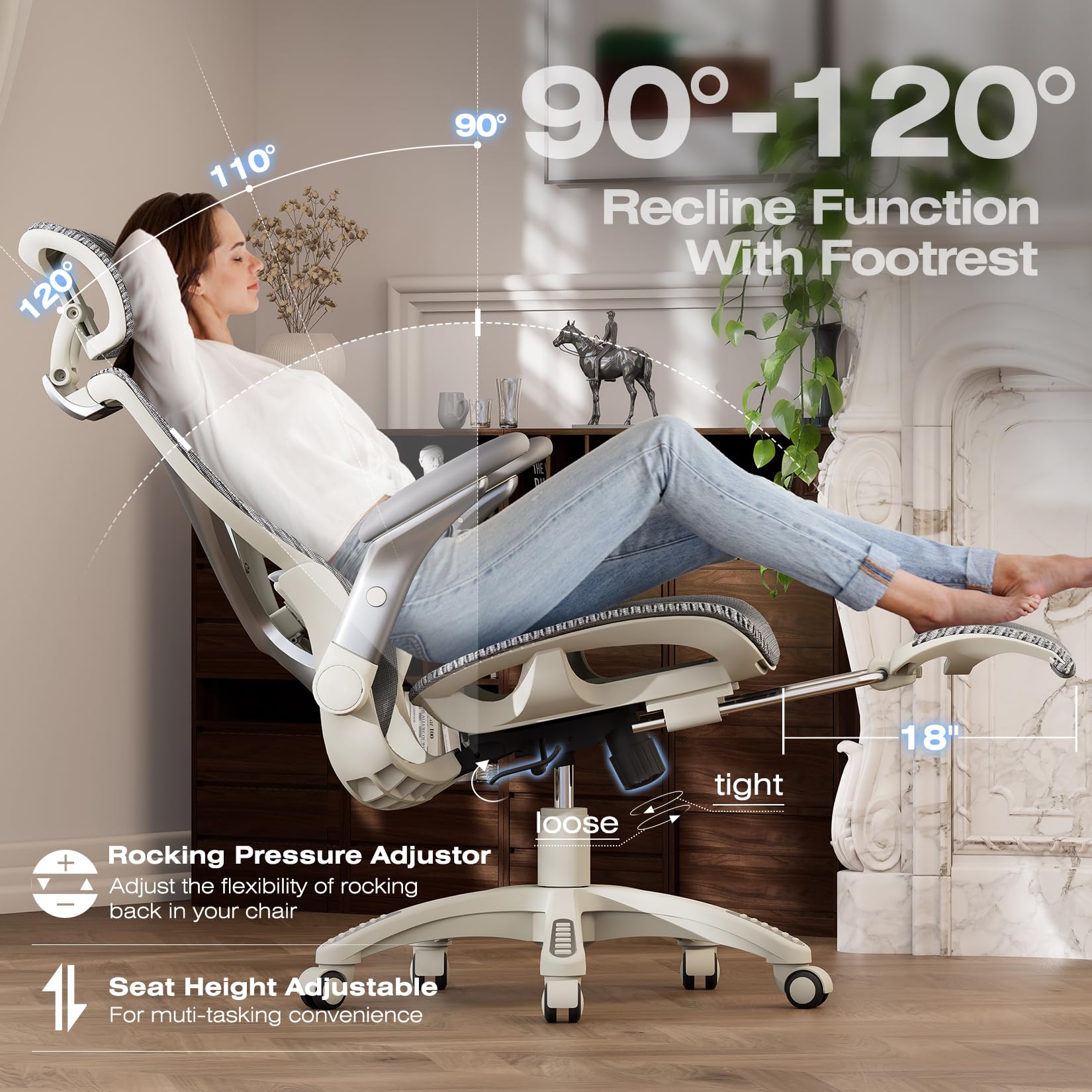 X100 Ergonomic Mesh Office Chair with Footrest, Big and Tall Home Desk Chair with 5D Flip-Up Arms, Adjustable 3D Lumbar Support, Gaming & Executive Computer Chair, First Light