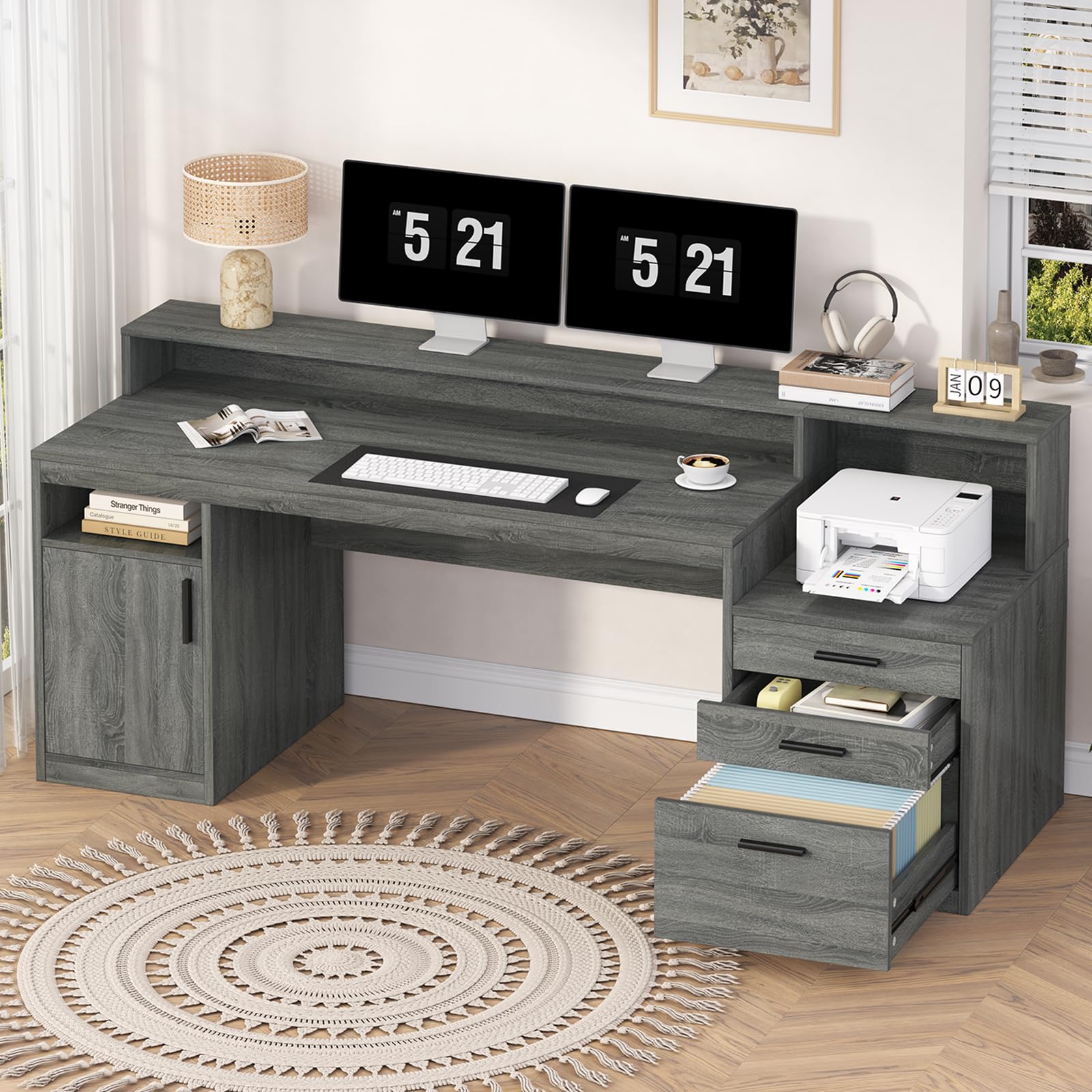 Computer Desk with 3 Drawers & Storage Shelves, 65 Inch Home Office Desk with File Drawer & Cabinet, Writing Study Desks with Monitor Stand & Printer Shelf, Dark Grey