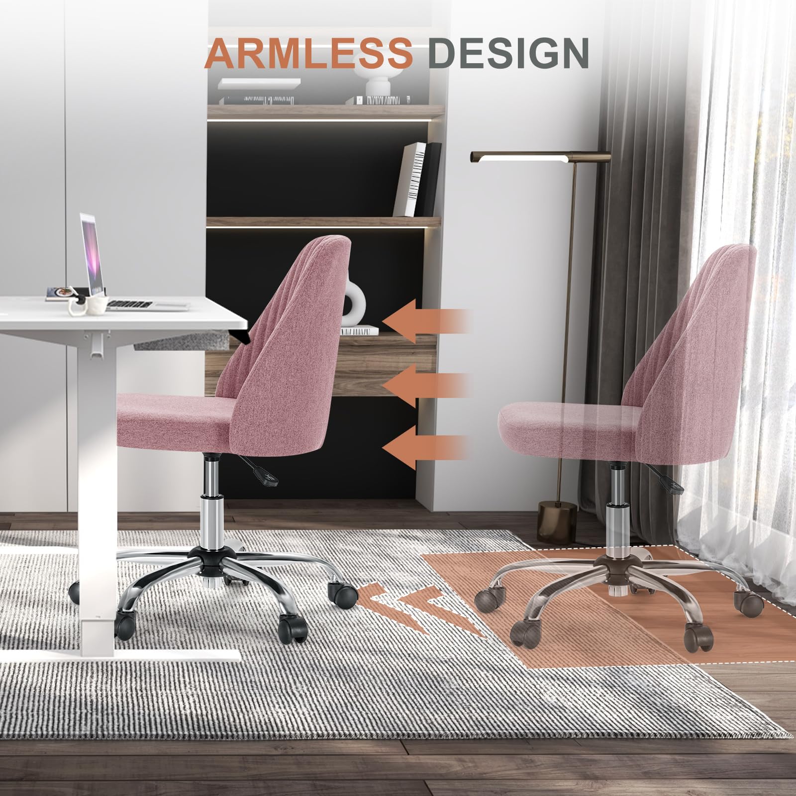 Office Desk Chair, Modern Cute Rolling Vanity Swivel Task Seating with Wheels, Comfortable Back Seat Armless for Home, Bedrooms, Study, Student, Adults, Make-Up, Dressing Room Dusty Rose