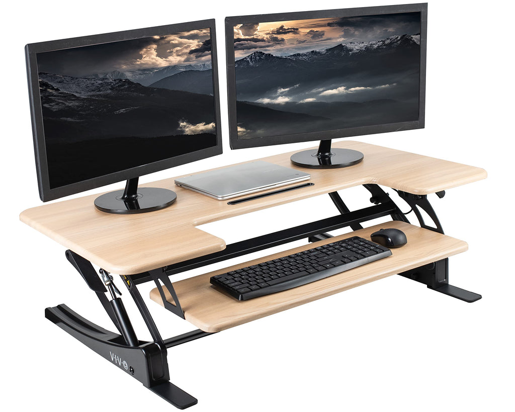 42 inch Height Adjustable Stand Up Desk Converter, V Series, Quick Sit to Stand Tabletop Dual Monitor Riser Workstation, Light Wood Top, Black Frame, DESK-V000VLO