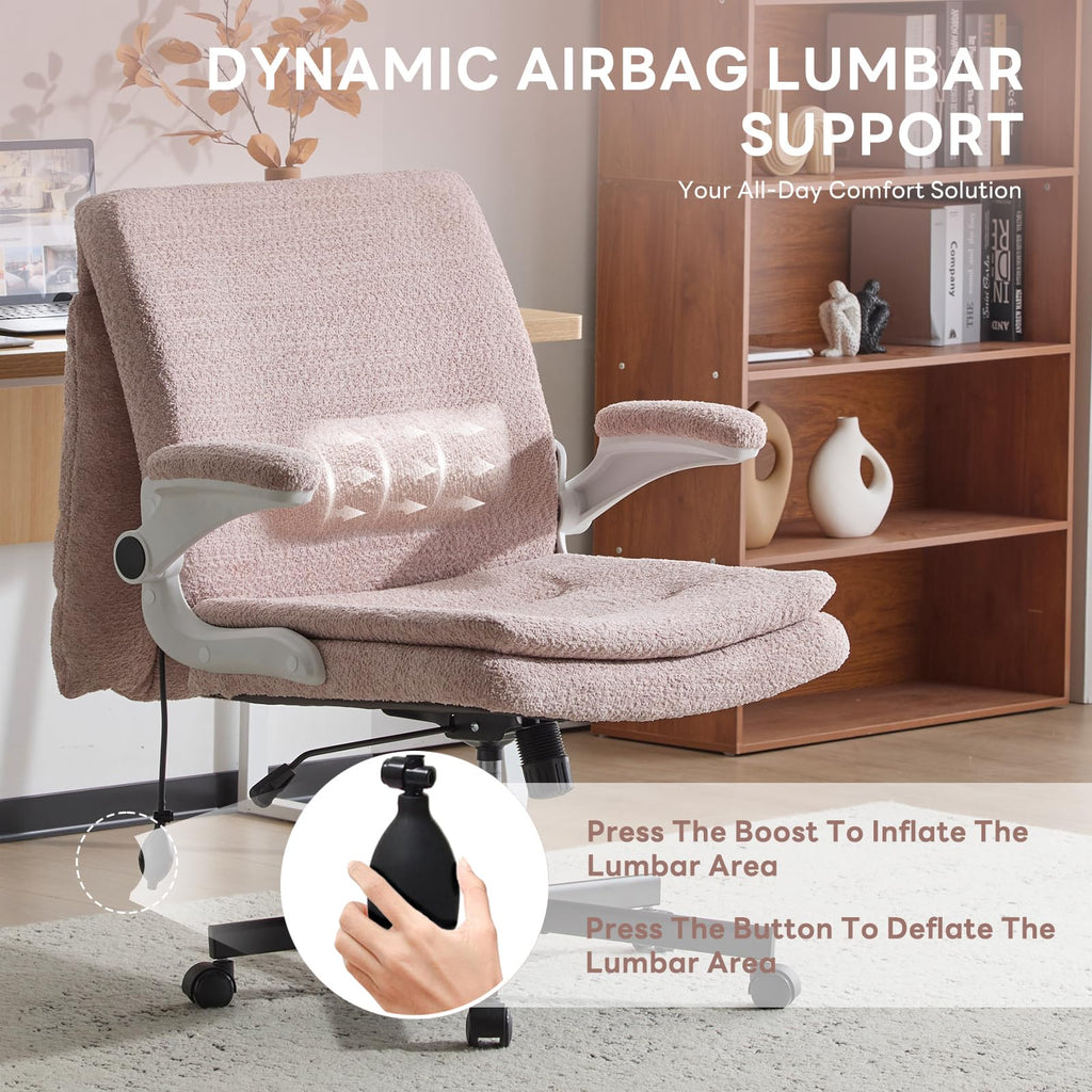 Criss Cross Office Chair with 2 in 1 Inflatable Flip-up Back, Ergonomic Wide Seat Desk Chair with Adjustable Arms and Wheels, Cross Legged Office Chair for Home & Office, Pink