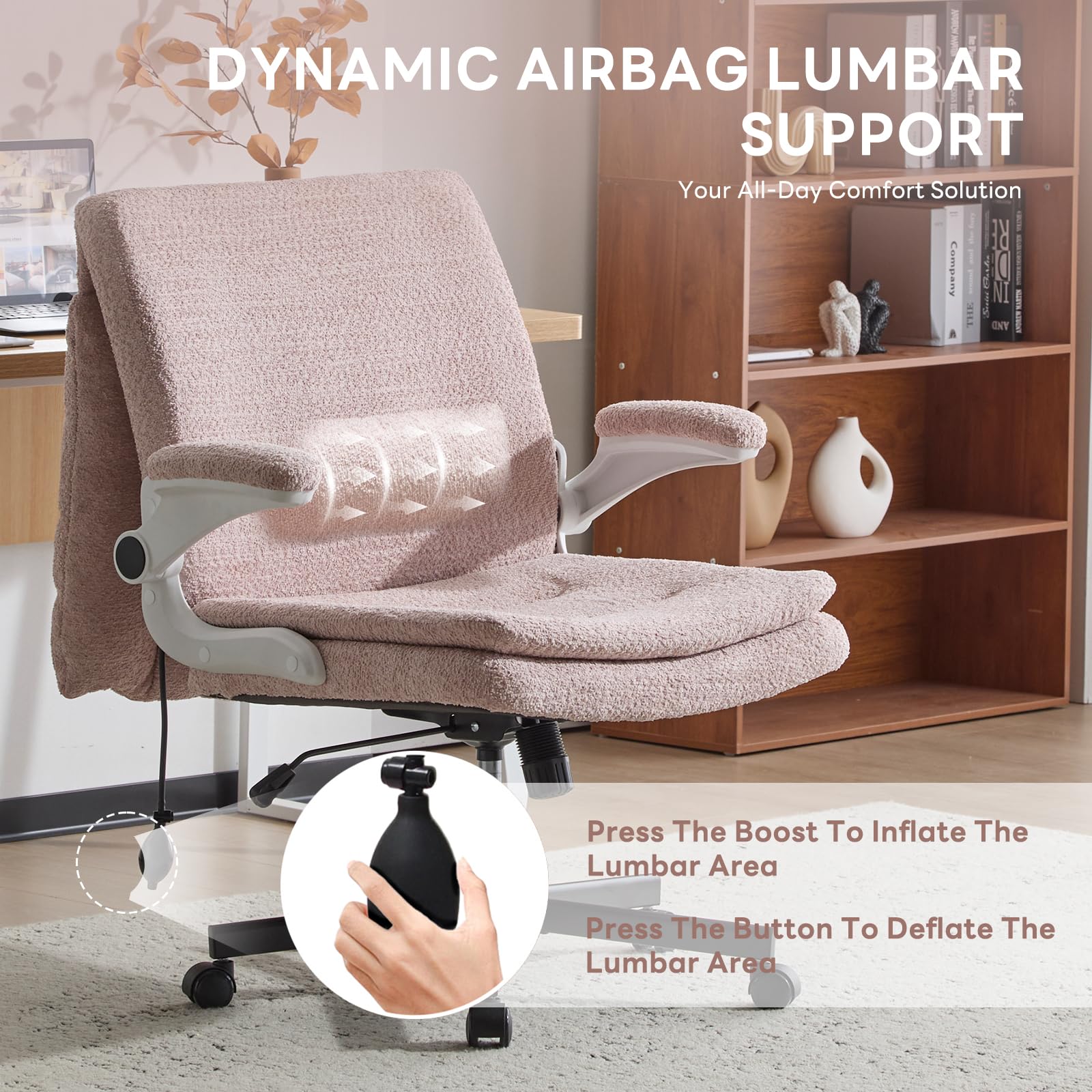 Criss Cross Office Chair with 2 in 1 Inflatable Flip-up Back, Ergonomic Wide Seat Desk Chair with Adjustable Arms and Wheels, Cross Legged Office Chair for Home & Office, Pink