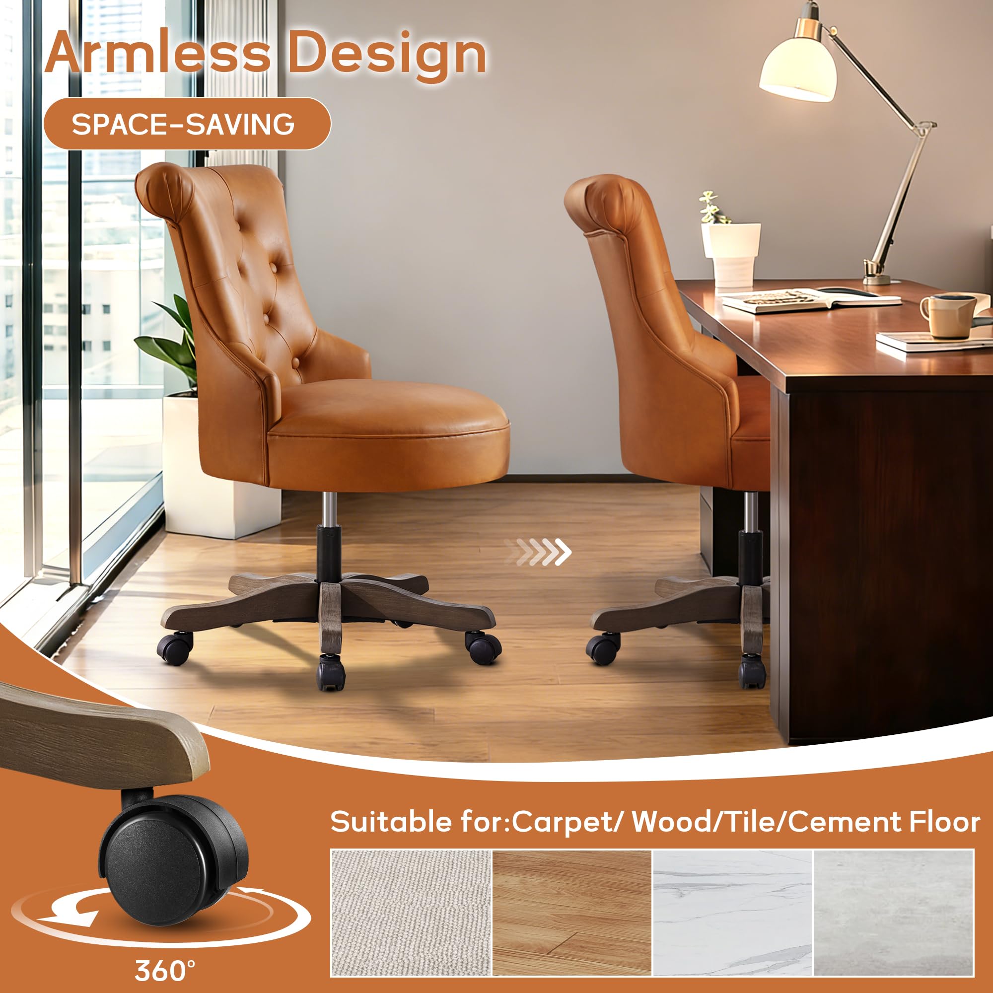 Home Office Chair Upholstered Faux Leather PU Armless Desk Chair with Wheels Adjustable Height Computer Desk Chair with Wooden Legs Comfy Swivel Chair for Study Studio (Caramel Brown)