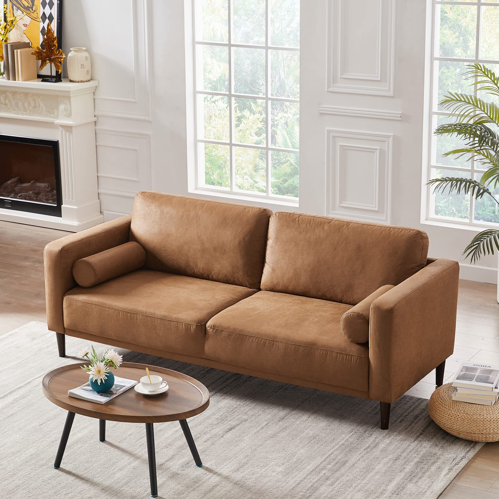 79" Sofa Couches for Living Room Mid-Century Modern Decor Faux Leather Couch with Deep Seat&Cloud Cushions&2 Pillow, 3 Seater Home Sofa Living Room Brown Loveseat for Office, Bedroom, Apartment