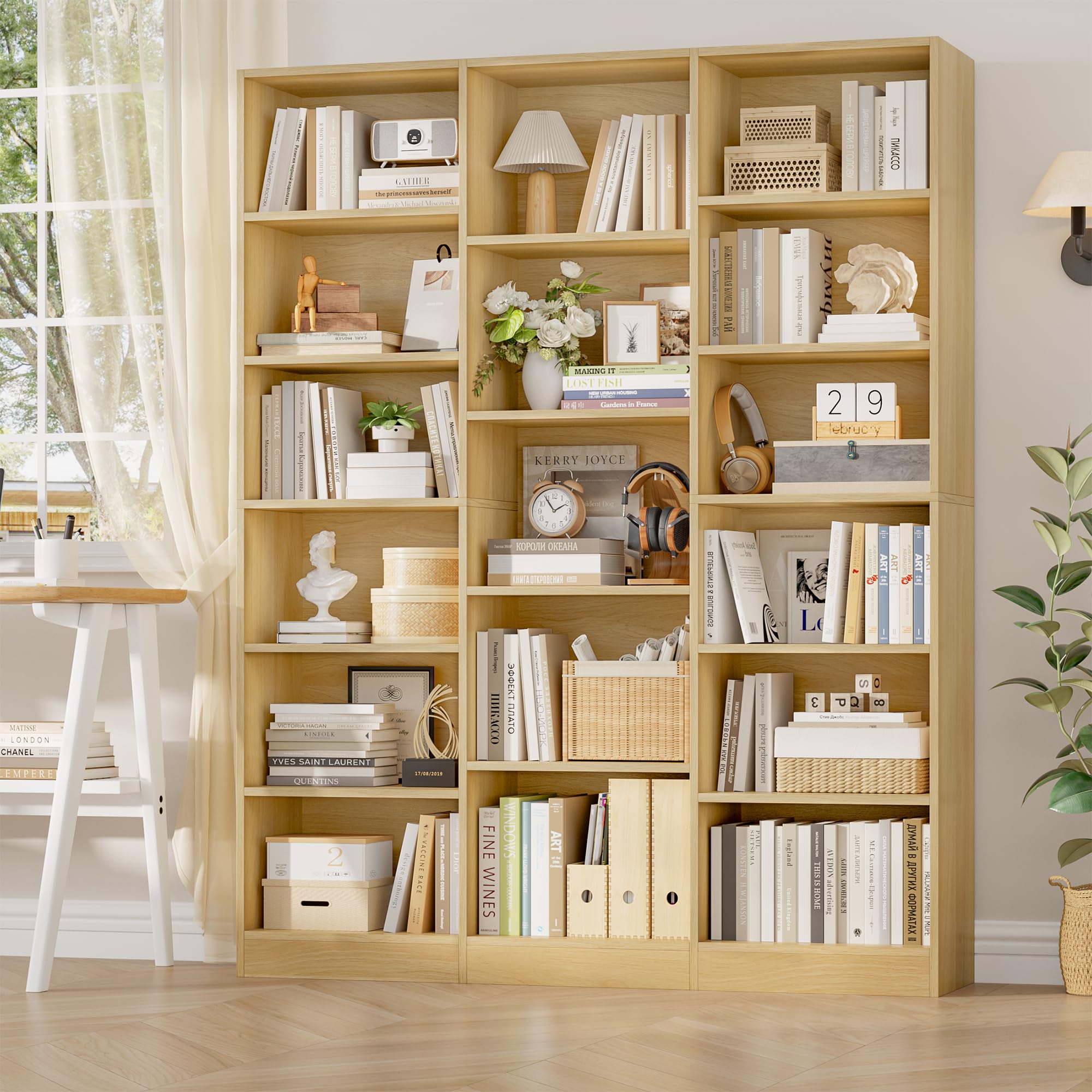 Triple Wide Bookshelf, Large Bookshelf with 17 Display Shelves