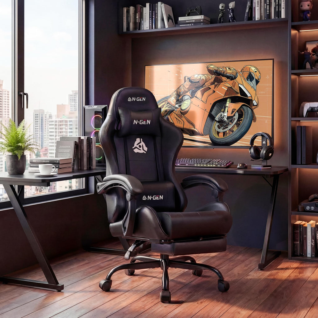 Gaming Chair with Footrest Lumbar Support for Home Office High Back Recliner Height Adjustable Ergonomic Comfy Leather Computer Desk Chair (Deep Black)