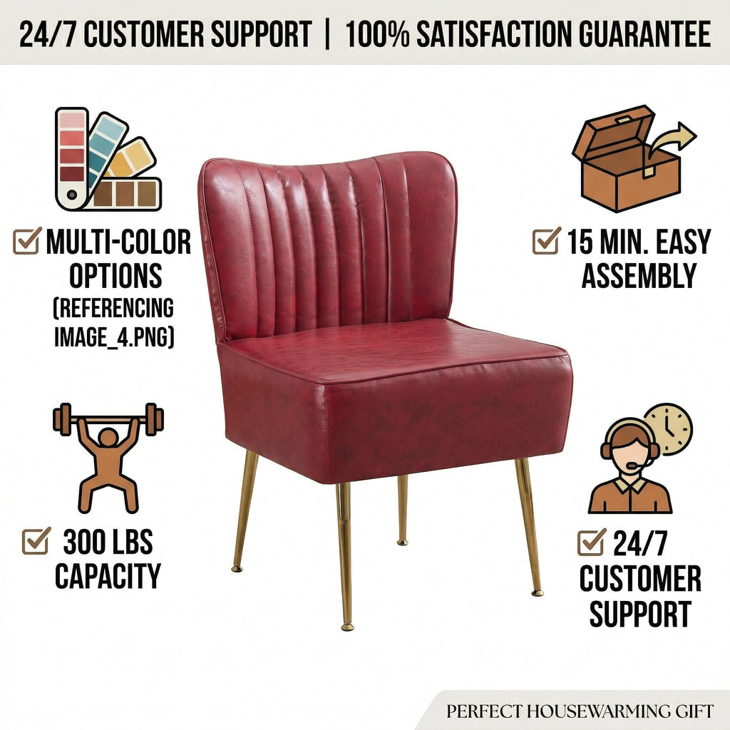 Modern Leather Accent Chairs Set of 2, Vintage Slipper Chair with Heavy Duty Iron Frame & Gold Legs, Mid Century Side Sofa Chair for Living Room Office（Wine Red）