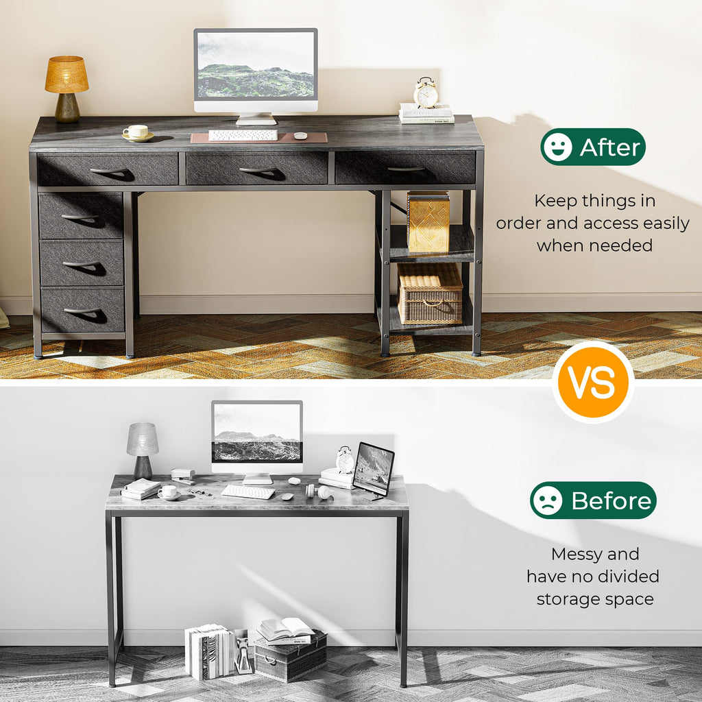 Computer Desk with 6 Drawers, Office Desk with Shelves, Reversible Gaming Desk, Corner Desk with Storage, Work for Home Office, Study, Living Room, 54inch, Grey