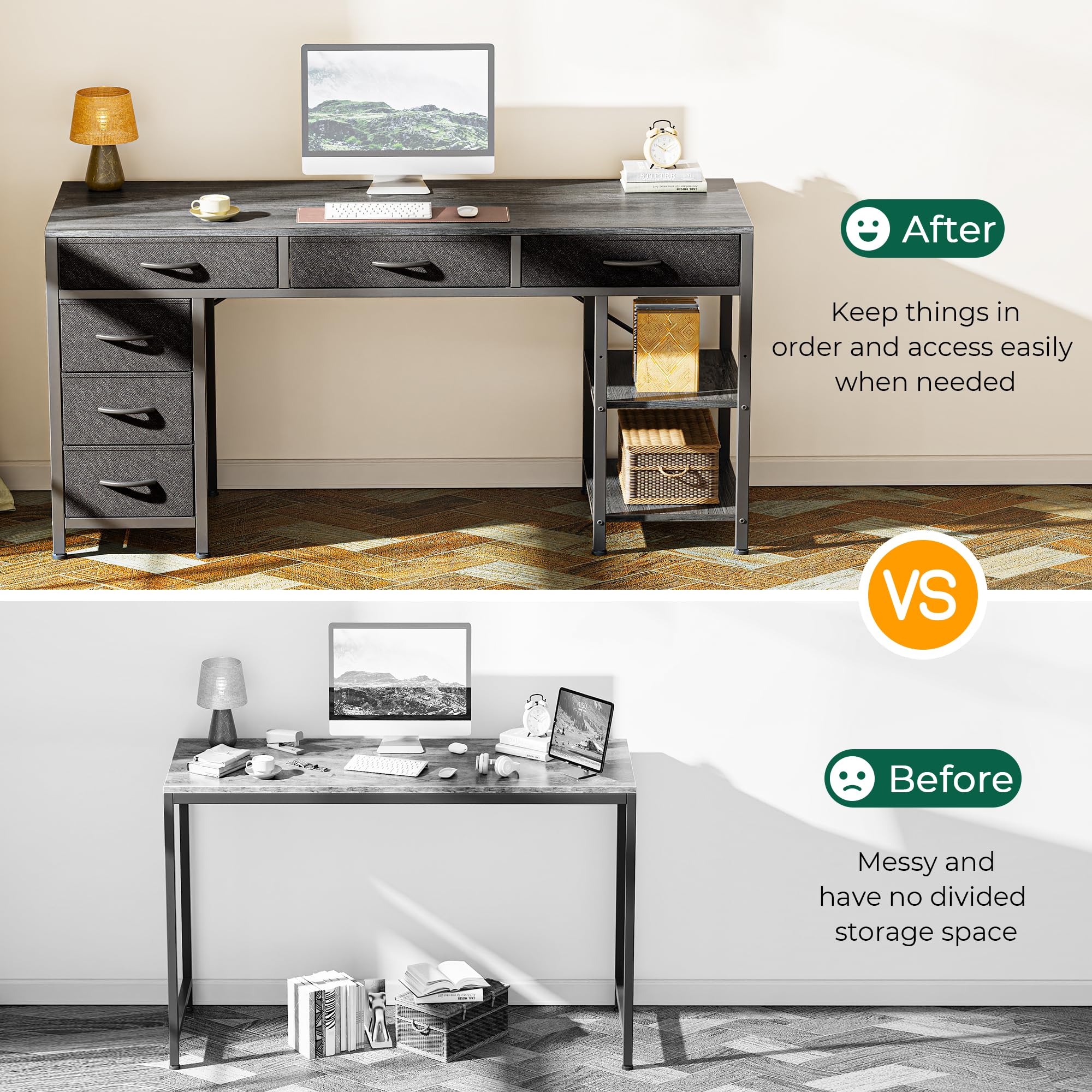 Computer Desk with 6 Drawers, Office Desk with Shelves, Reversible Gaming Desk, Corner Desk with Storage, Work for Home Office, Study, Living Room, 54inch, Grey