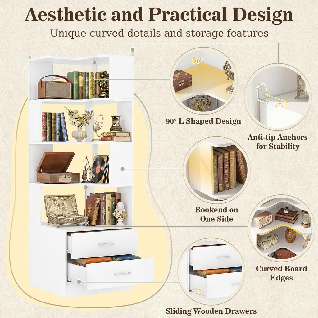 Corner Book Shelf with Drawers, Small Corner Shelf with Drawers