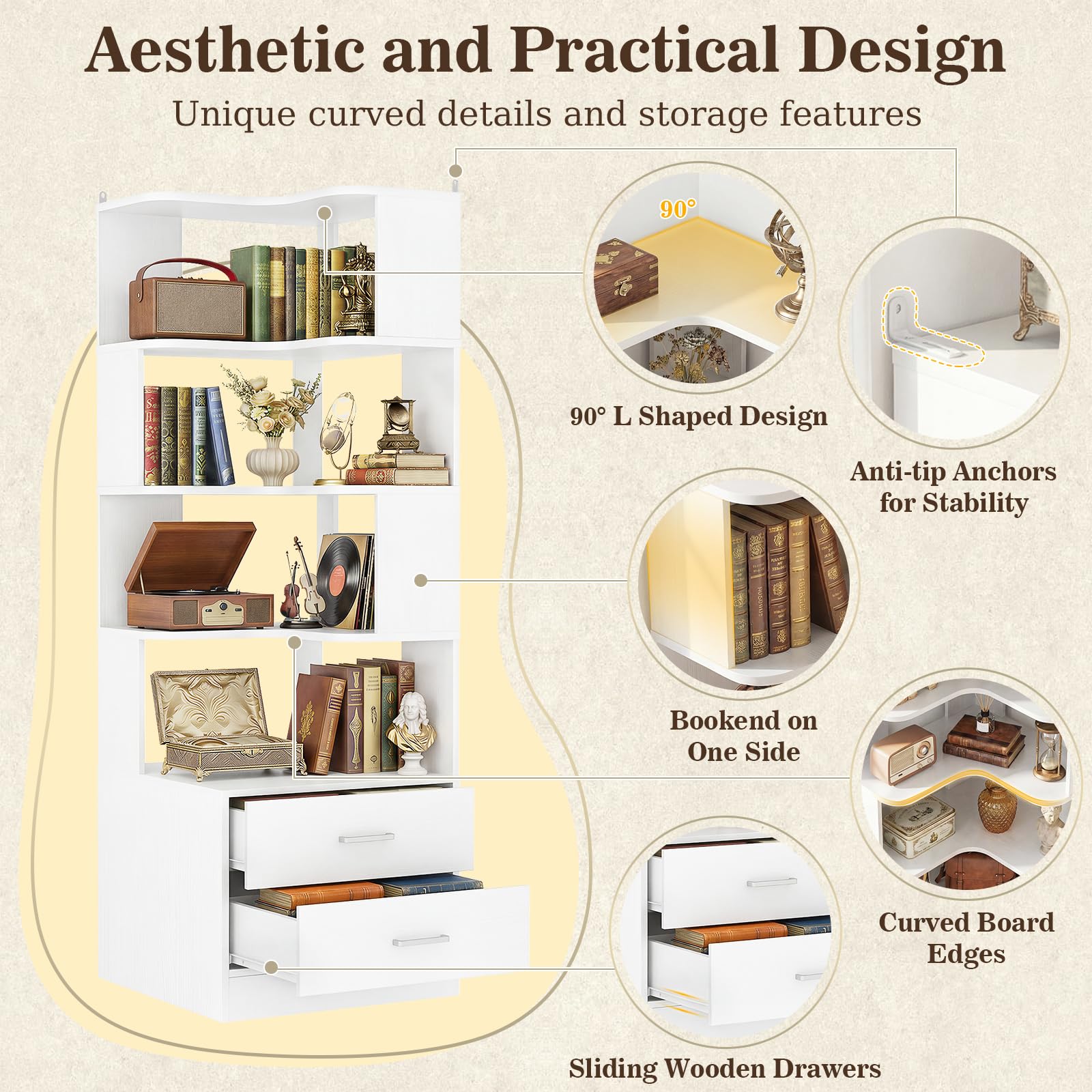 Corner Book Shelf with Drawers, Small Corner Shelf with Drawers