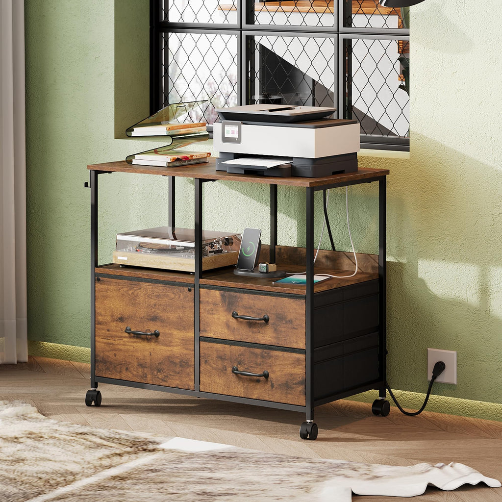 3 Drawer Mobile File Cabinet with Storage Shelf, Charging Station