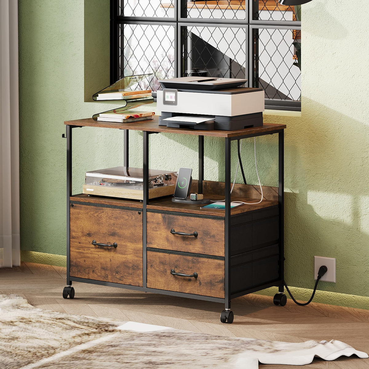 3 Drawer Mobile File Cabinet with Storage Shelf, Charging Station