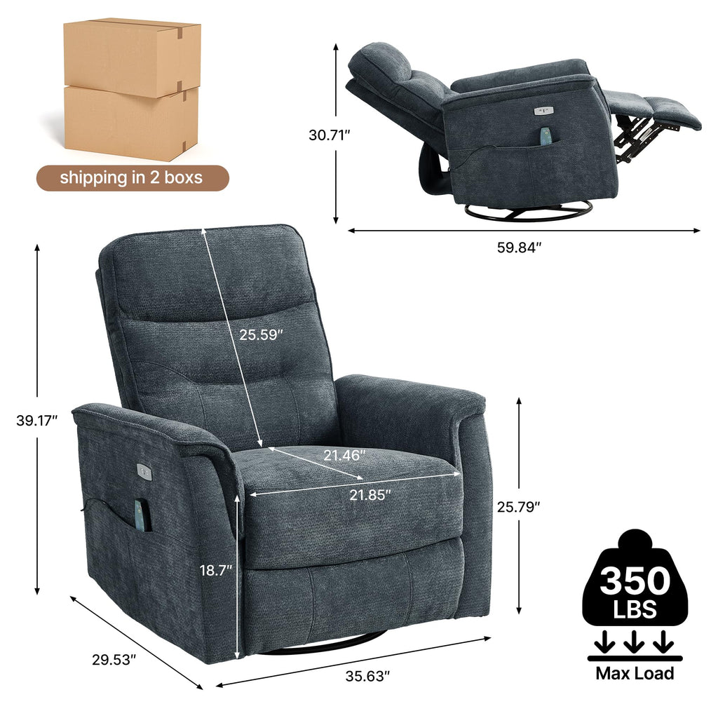 Recliner Chair for Adults, Power Chenille Nursery Rocker Recliner Massage and Heat, Oversized Swivel Reclining Chair with USB Ports for Living Room, Office Black