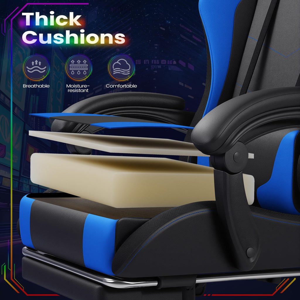 Gaming Chair, Video Game Chair with Footrest and Massage Lumbar Support, Ergonomic Computer Chair Height Adjustable with Swivel Seat and Headrest (RGB Blue)