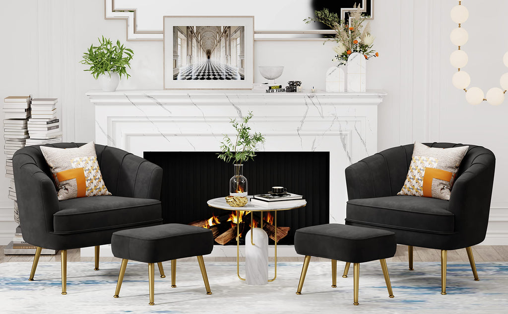 Velvet Accent Chair with Ottoman, Upholstered Modern Single Sofa Side Chair,Comfy Barrel Club Living Room Armchair with Golden Metal Legs for Office Bedroom Living Reading Room , Black