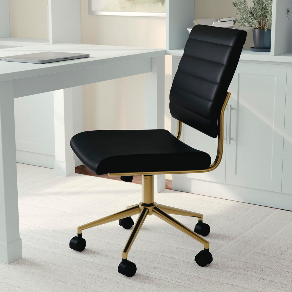 Armless Swivel Task Chair for Home Office in Black Faux Leather with Polished Brass Frame