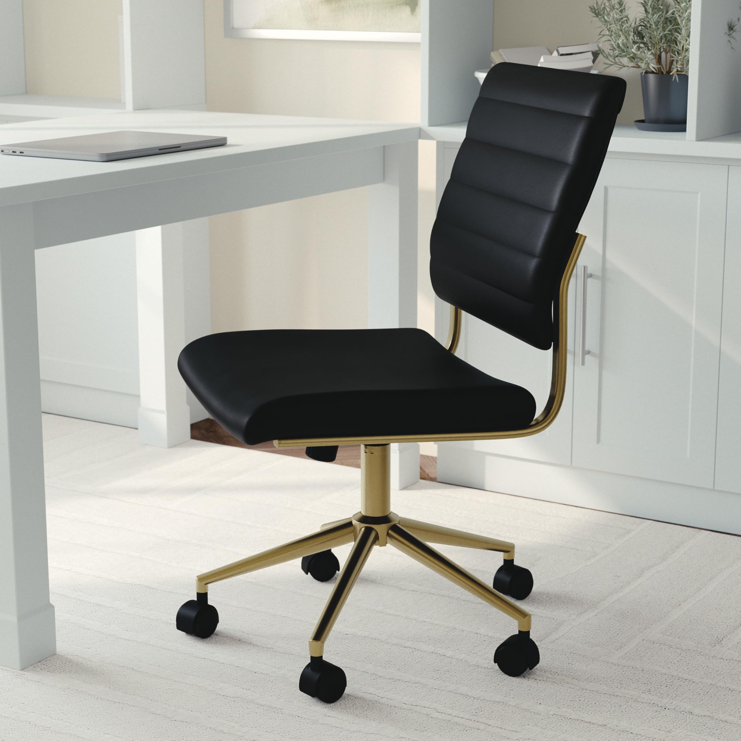 Armless Swivel Task Chair for Home Office in Black Faux Leather with Polished Brass Frame