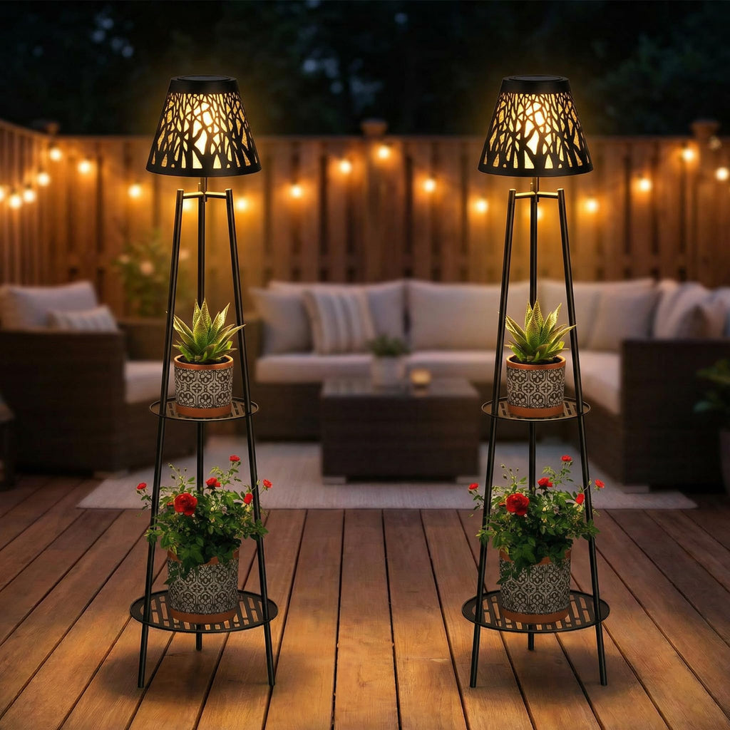 2 Pack Solar Floor Lamps Outdoor with 2-Tier Plant Stand, Metal Tall Planter Holder with Waterproof LED Lantern, Decorative Patio Light & Flower Pot Display Rack for Garden, Deck, Porch, Balcony