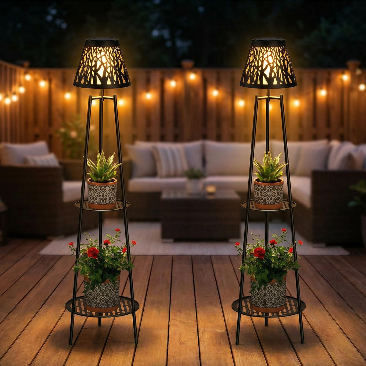 2 Pack Solar Floor Lamps Outdoor with 2-Tier Plant Stand, Metal Tall Planter Holder with Waterproof LED Lantern, Decorative Patio Light & Flower Pot Display Rack for Garden, Deck, Porch, Balcony