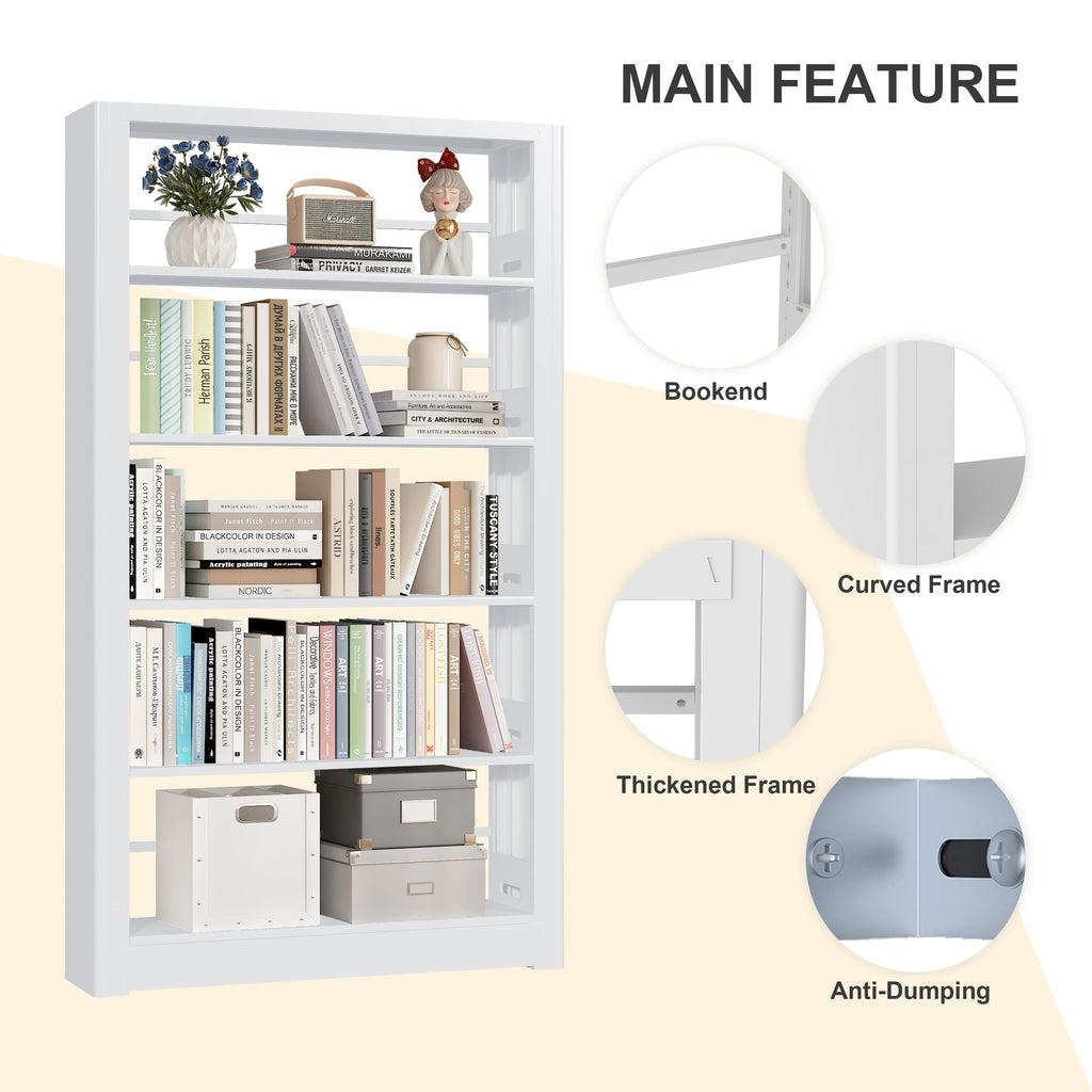 Metal White Bookshelf, 69" Tall Bookshelf with Adjustable Shelves, 5 Shelf Bookcase, Large Bookshelves and Bookcases, Book Shelf Organizer for Home Office, Library, Bedroom, Living Room