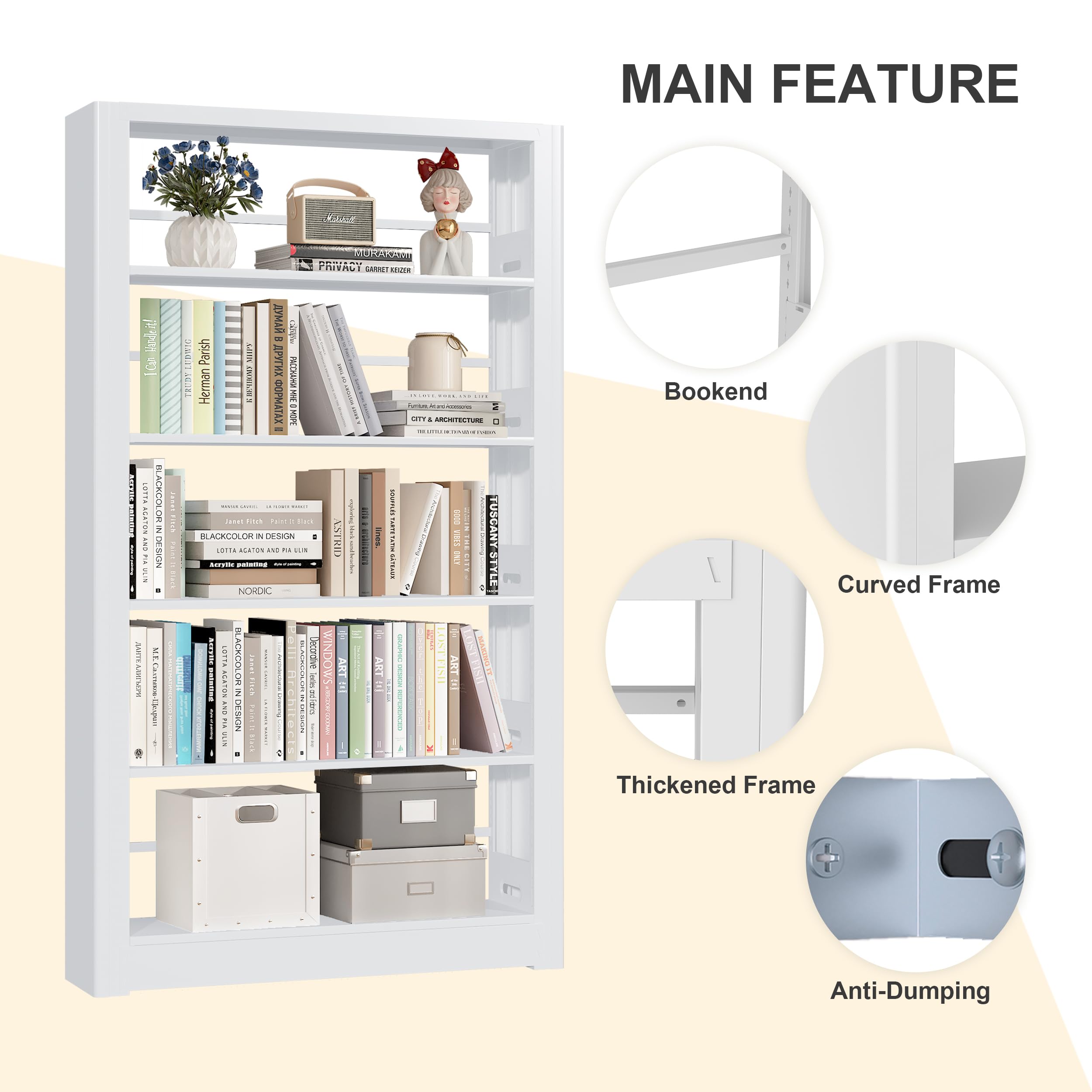 Metal White Bookshelf, 69" Tall Bookshelf with Adjustable Shelves, 5 Shelf Bookcase, Large Bookshelves and Bookcases, Book Shelf Organizer for Home Office, Library, Bedroom, Living Room