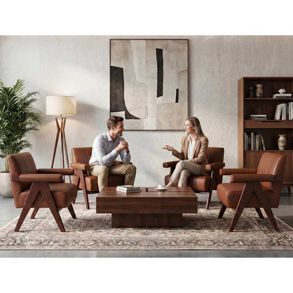 Mid Century Modern Accent Chairs Set of 2, Solid Wood Frame Brown Leather Armchairs, Modern Reading & Living Room Chairs for Office Guest & Waiting Room
