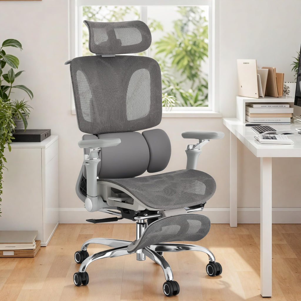 Ergonomic Mesh Office Chair with 3-Zone Dynamic Lumbar Support, Big and Tall Office Chair with Footrest, Adjustable Seat Depth,4D Headrest,6D Armrests, Swivel Executive Chair for Home Office,Grey