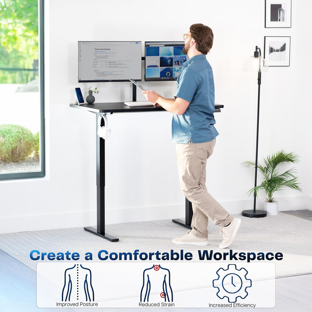 Electric 48 x 30 in Standing Desk, Memory Height Adjustment, 1B Series, Holds 220 lbs, One-Piece Black Top, Black Frame