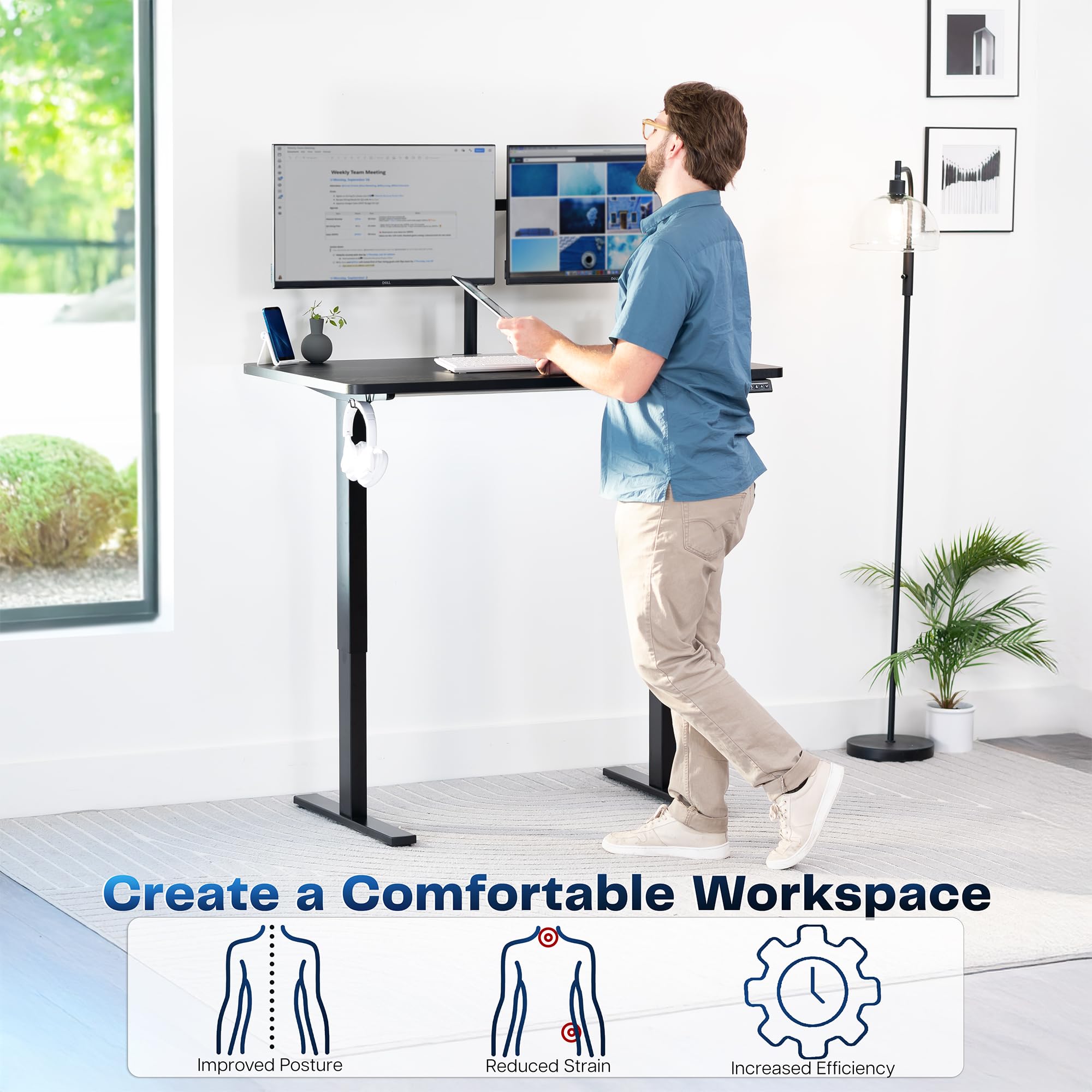 Electric 48 x 30 in Standing Desk, Memory Height Adjustment, 1B Series, Holds 220 lbs, One-Piece Black Top, Black Frame