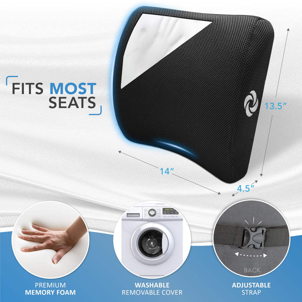 Lumbar Support Pillow for Office Chair and Car Seat, Perfectly Balanced Memory Foam, Versatile Use Lower Back Cushion, Black Plush