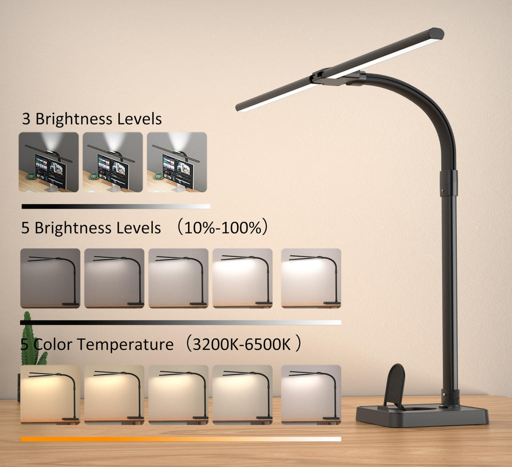 Double Head LED Desk Lamp, Architect Desk Lamps for Office, 24W Brightest Workbench Office Lighting-5 Color Modes and 5 Dimmable Eye Protection Modern Desk Lamp (Black-Desktop, Big)