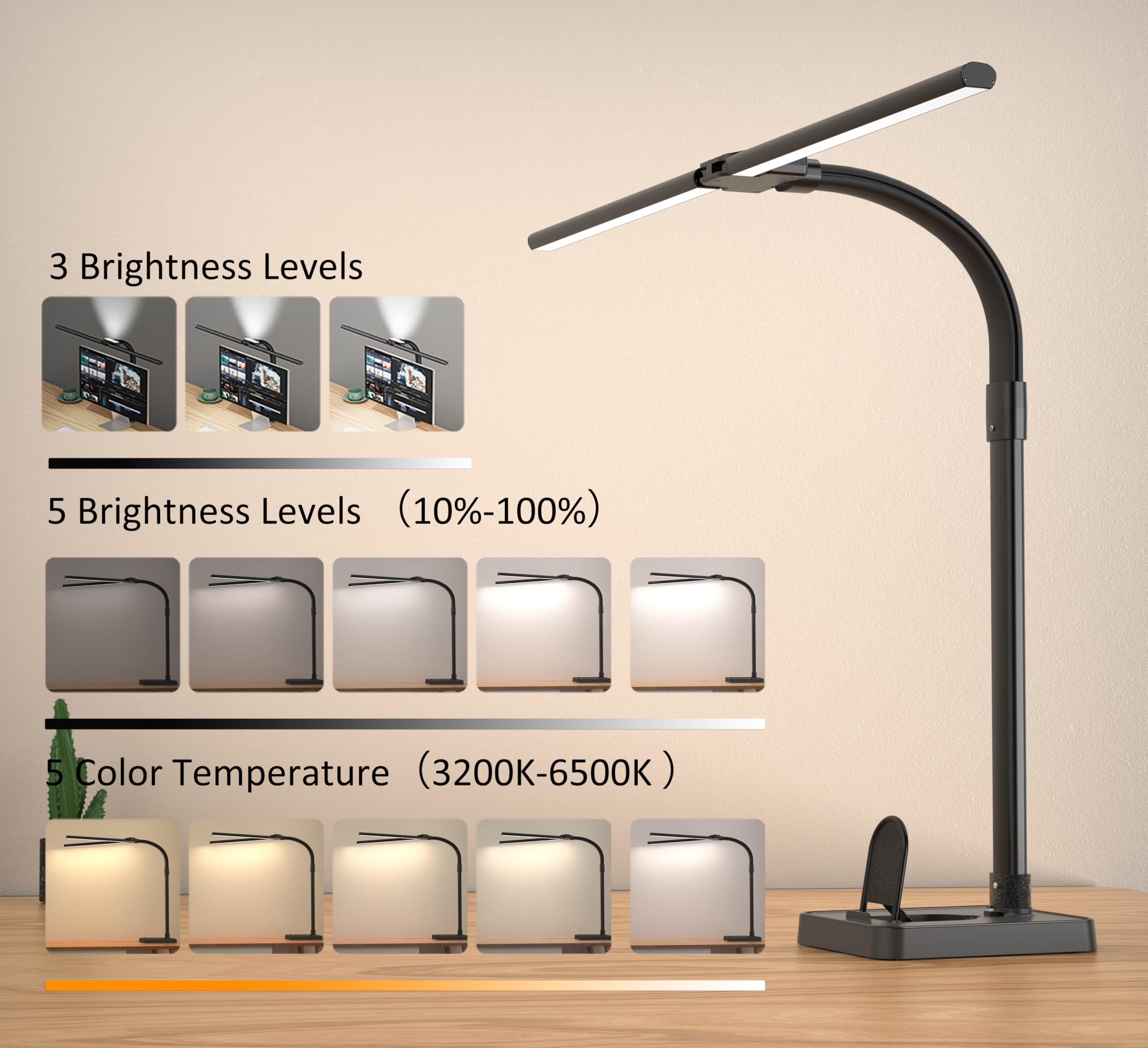 Double Head LED Desk Lamp, Architect Desk Lamps for Office, 24W Brightest Workbench Office Lighting-5 Color Modes and 5 Dimmable Eye Protection Modern Desk Lamp (Black-Desktop, Big)