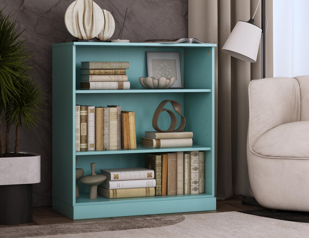Solid Wood Bookcase - 3 Tier Floor Standing Bookshelf - 36" Short Storage Shelf, 32” Wide - Aqua, Display Furniture for Living Space, Renewable 100% Eco-Friendly Wood, Made in Brazil